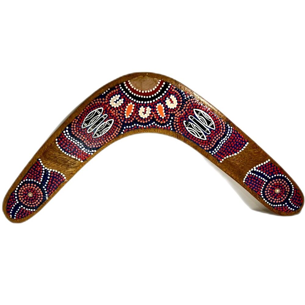 Australian Wood Boomerang Hand-Painted Dot Art Mandala Design 14" Souvenir Decor